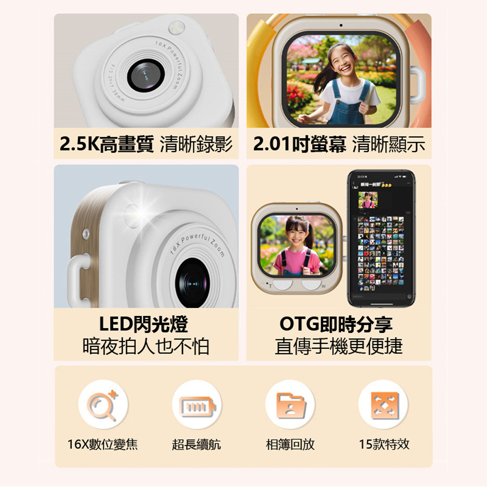 YT-Q16 2.5K高畫質錄影迷你數位照相機 贈32G TF卡(6600萬畫素拍照 2.01吋屏 OTG分享 金屬機身)